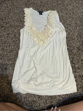 Women's White Sleeveless Tank Top with Ruffle Neckline. Size Medium. 579 brand
